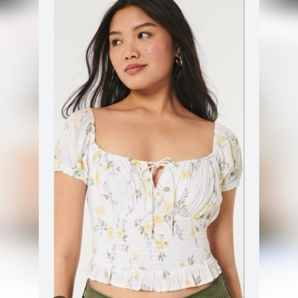 Hollister Baby Doll Y2k Floral Cropped Ruffle Short Sleeve Top Blouse Women's XS